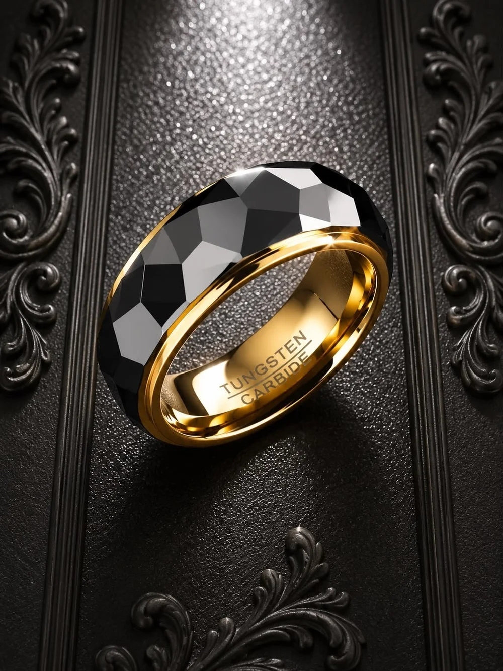 Tungsten Carbide Black & Gold Faceted Men's Ring